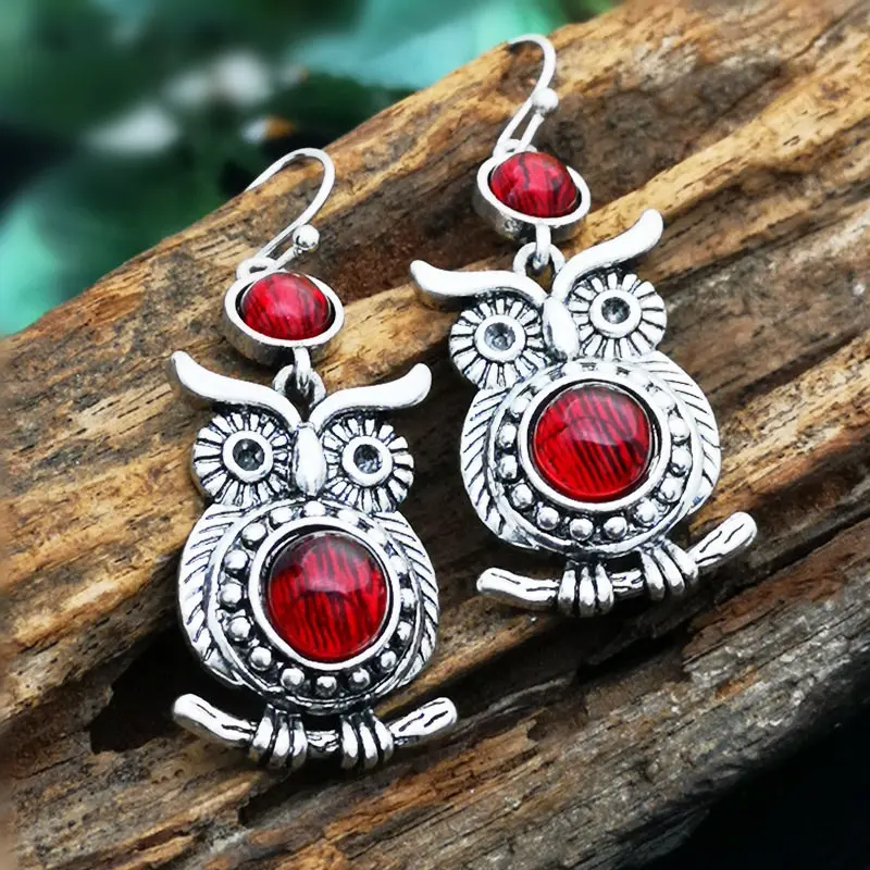 Red Zircon Brinco Silver Owl Vintage Dangle Earrings for Women Fashion Jewelry Wedding Engagement Statement Animals Drop Earings