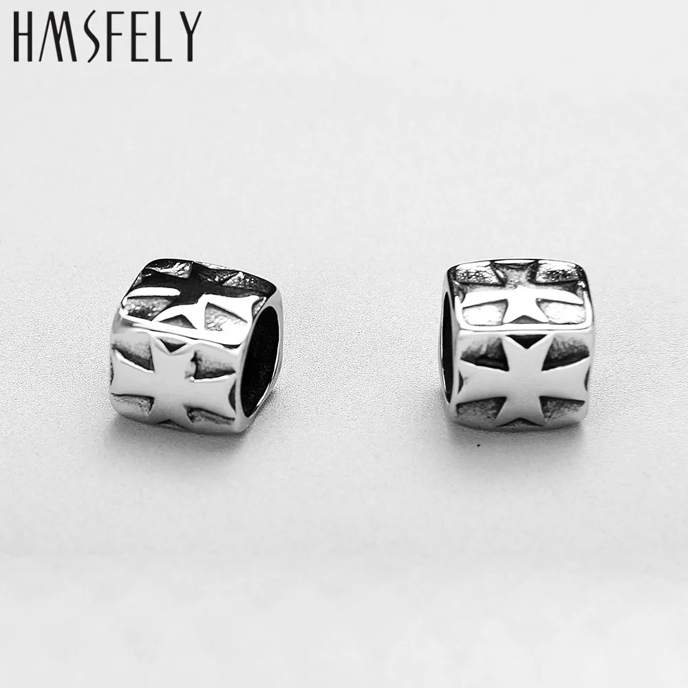 HMSFELY Stainless Steel Cross Pattern Cube Beads For DIY Leather Bracelet Jewelry Making 8mm Hole Size Accessories Bead 5pcs/lot