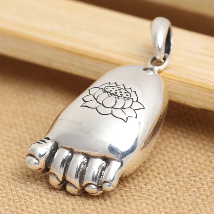 Handmade 925 pure silver Budda foot pendant vintage thai sterling silver lotus pendant women jewelry necklace pendant gift