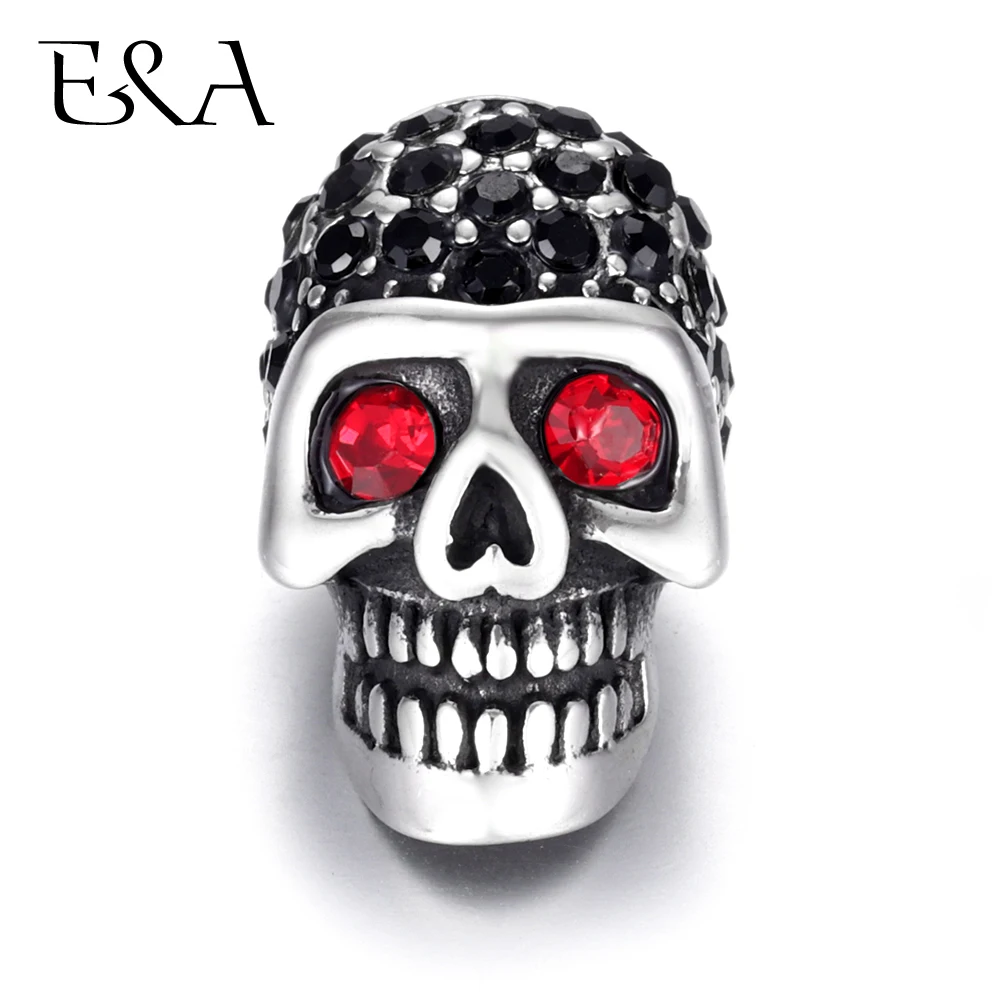 Stainless Steel Beads Red Eye Skull Rhinestone Metal Large Hole 6mm Slider DIY Men Bracelet Punk Jewelry Making Supplies