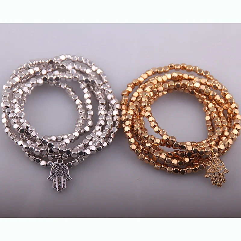 Fashion Bohemian Tribal Long Jewelry Square Beads long Halsband with Hamsa Hand Charm Necklace & Bracelet
