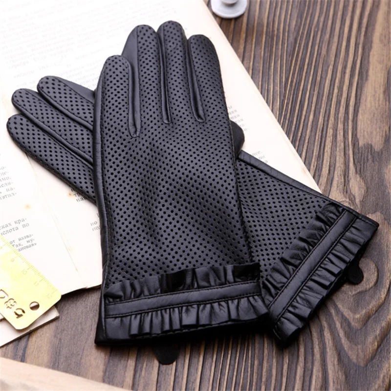 New Ladies Leather Gloves Goatskin Punch Driving Comfortable Thin Silk Gloves Female Factory Outlet 36-5