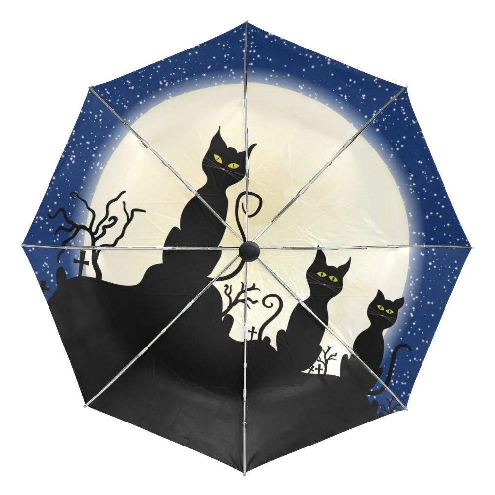 Night Sky Milky Way Moon Cat Windproof Umbrella Automatic 3 Folding UV Protection Portable Light Umbrella with Slip-Proof Handle