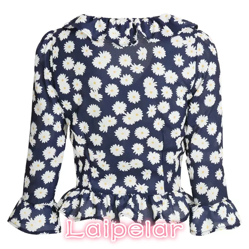 Top corto Sexy con volantes para mujer, Camisa de gasa de manga larga, tops y blusas bohemias con estampado de puntos blancos o florales para mujer