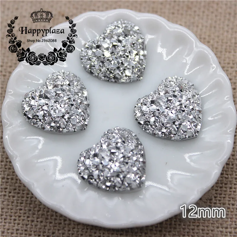 100 sztuk 12mm serce/okrągły błyszczący czarny AB/srebrny kamień druza powierzchni żywicy Rhinestone Flatback Cabochon DIY akcesoria rzemieślnicze