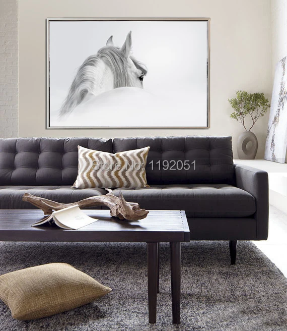 Photography frameless painting white horse looking back black and white pictures mural paining free shipping animal world