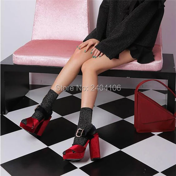 Shooegle Brand Sexy Runway Shoes Mixed Colors Peep Toe Extreme High Velvet Pumps Buckle Strap Block Heel Platform Sandals Women