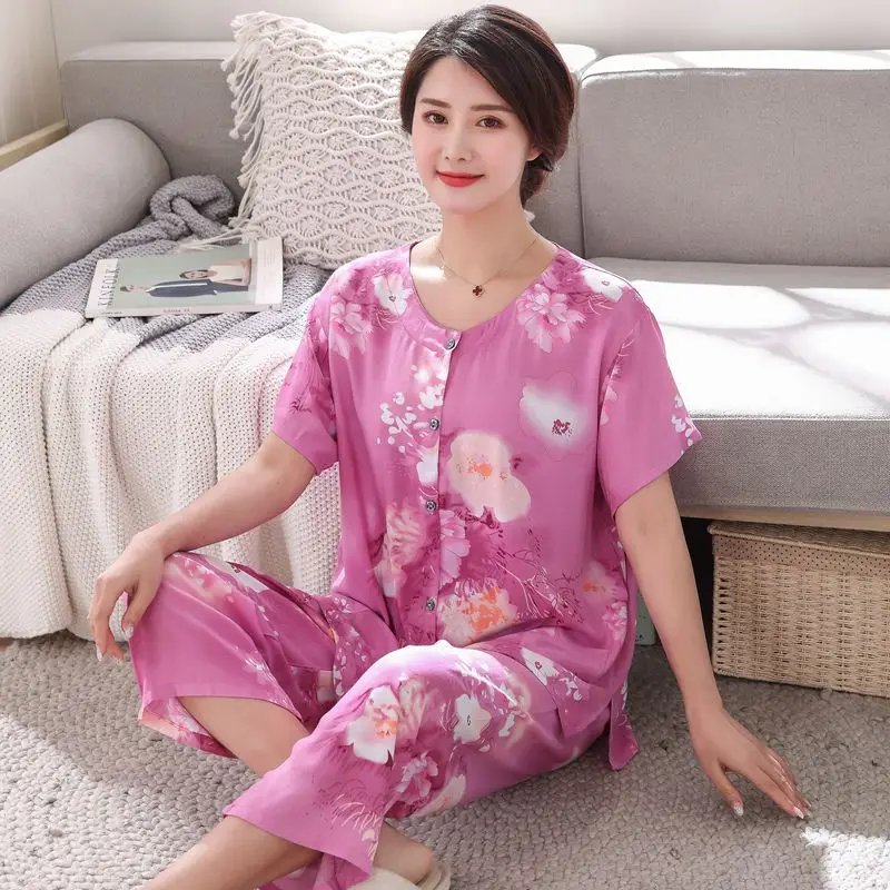 2PC Women Cotton Pajamas Set Summer New Thin Floral Short Sleeve Loose Sleepwear Casual Homewear Female Pyjamas  3XL