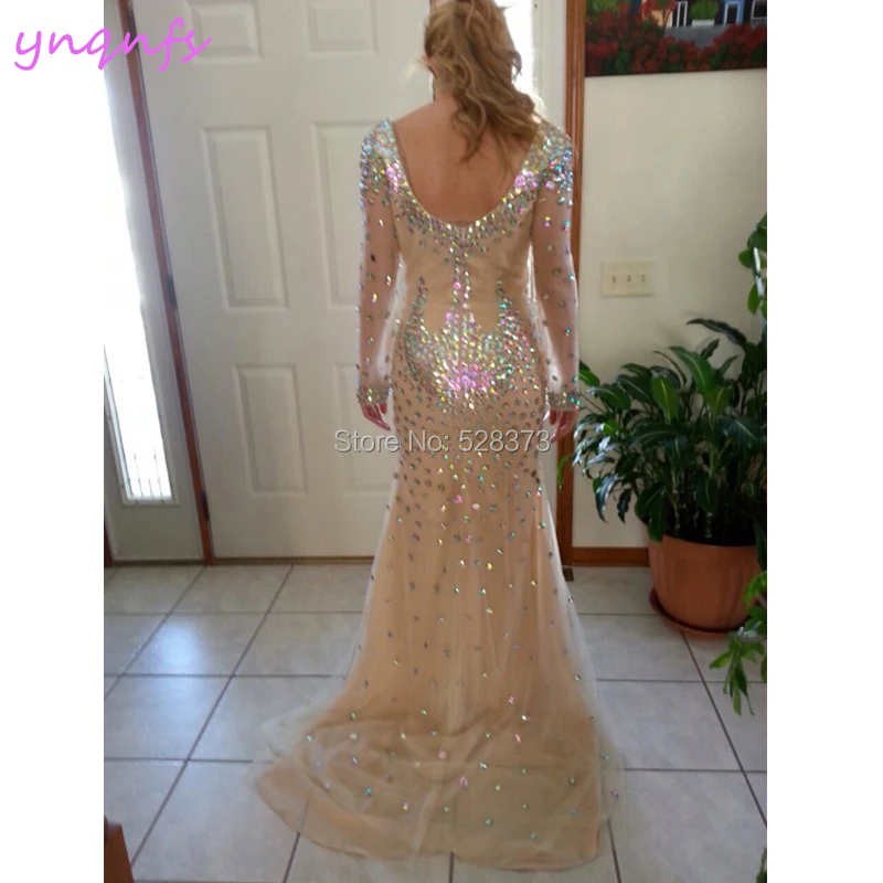 Ynqnfs ED235 Crystal Jurk V-hals Lange Mouwen Mermaid Champagne Bruidsmeisje Jurken Elegante Saudi Arabische Abiye Formele Gown 2019