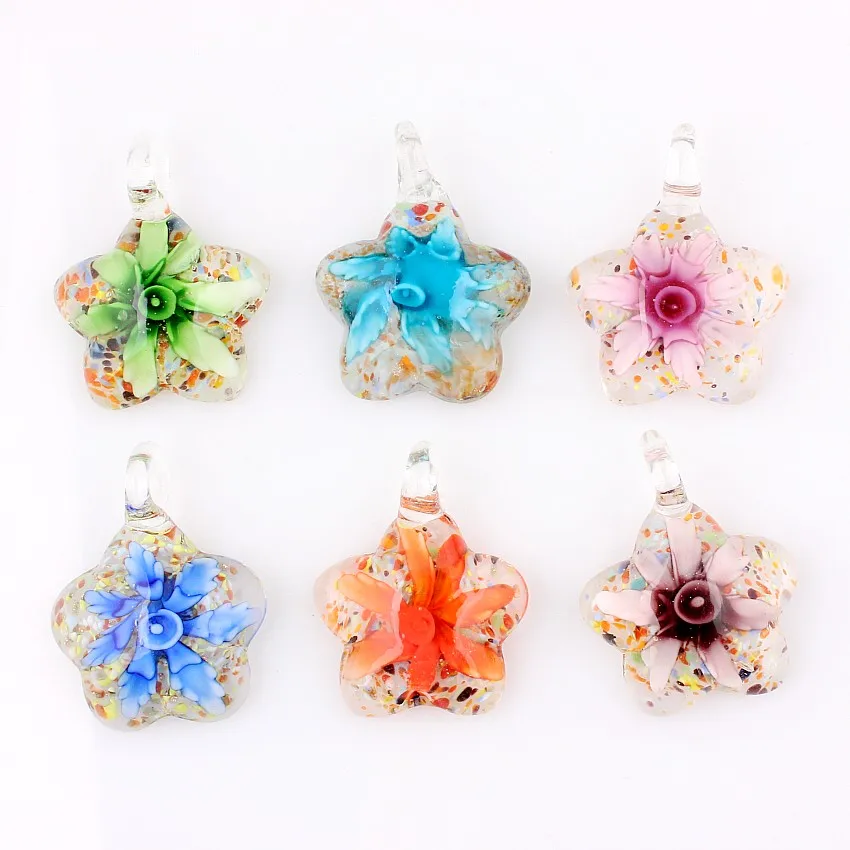 QianBei Fashion Wholesale 6pcs Handmade Murano Lampwork Glass Mix Color Flower Round Pendants Fit Necklace Women Jewelry Gifts