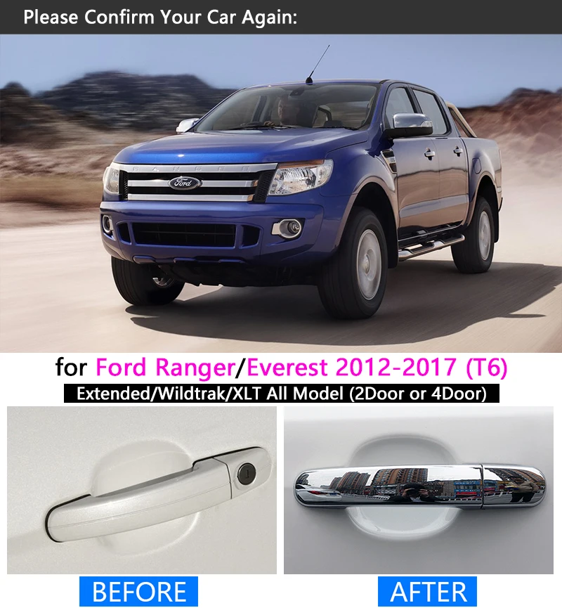 For Ford Ranger Everest 2012-2017 Chrome Handle Cover Trim Set Extended Wildtrak 2014 2015 Car Accessories Stickers Car Styling