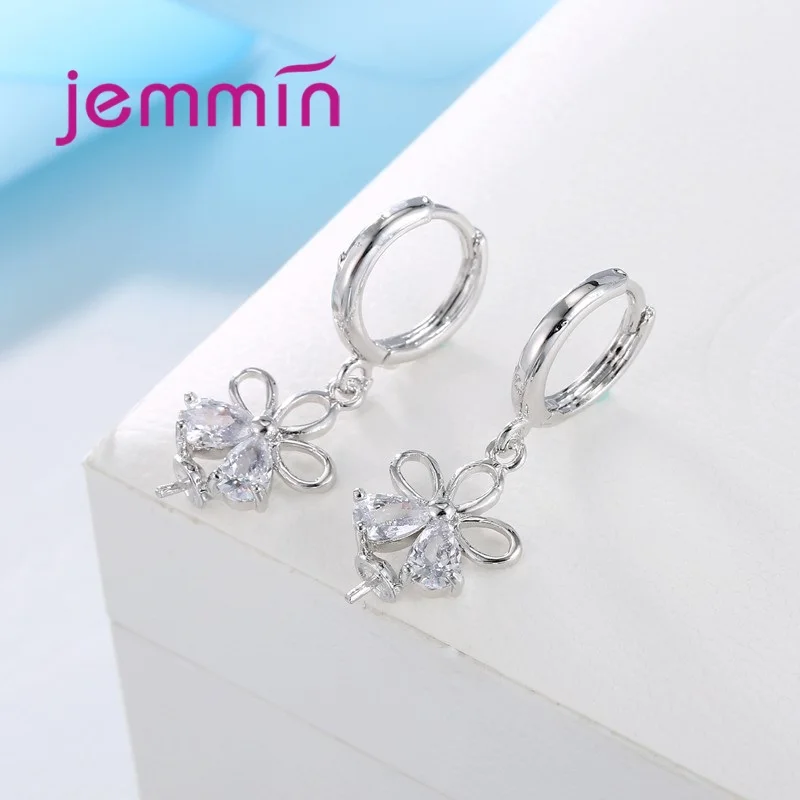 Authentic 925 Sterling Silver Jewelry Accessories Big Hollow Flower with Two Crystal Beads Earrings For Women