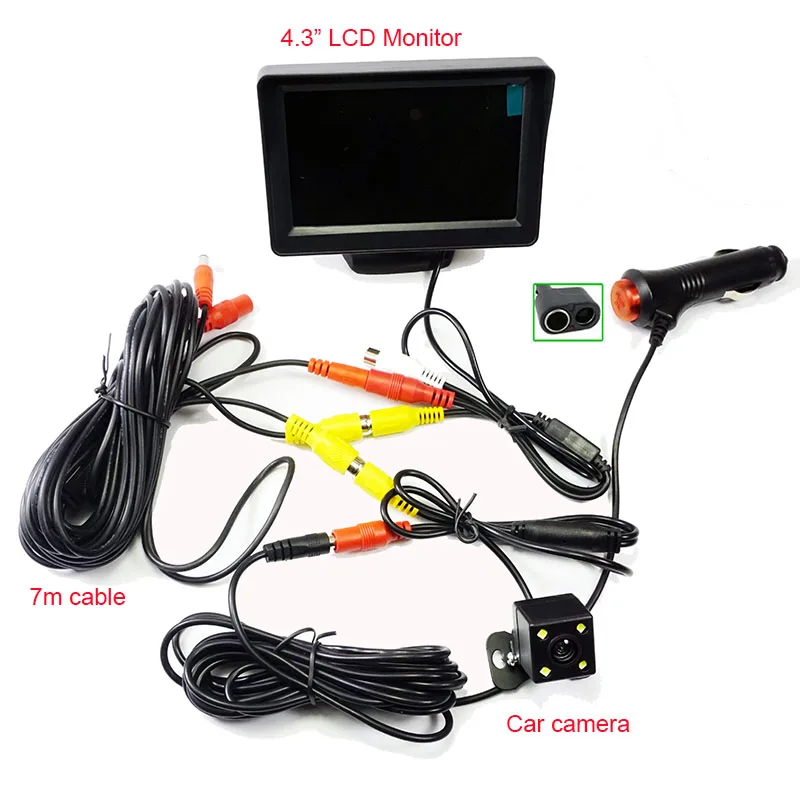 

2n1 Auto Car Parking System 4.3"LCD Monitor With 4LED Car Rear View Camera Cigarette Lighter Power RCA Video Cable kit