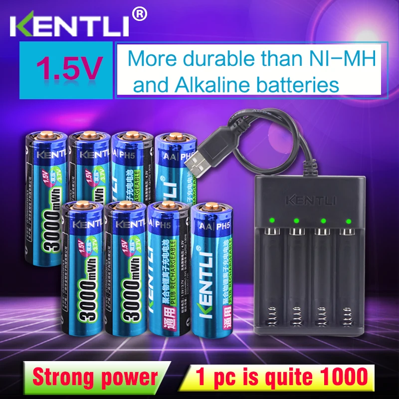 KENTLI 8pcs 1.5v 3000mWh AA rechargeable Li-polymer li-ion polymer lithium battery + 4 slots USB smart Charger