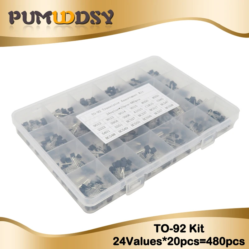 24Values TO-92 Transistor Assortment Assorted Kit Each BC327 BC337 BC517 BC547 BC548 BC549 2N2222 3906 3904 5401 5551 C945 1015