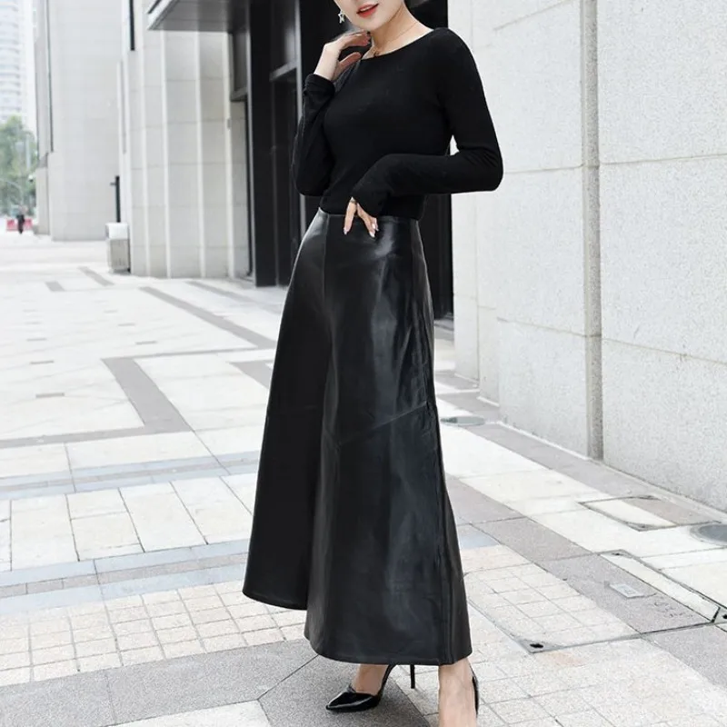 High Quality Luxury Women Ankle-Length Trousers Genuine Leather High Waist Wide Leg Pants Casual Loose Fit Pantalones Mujer