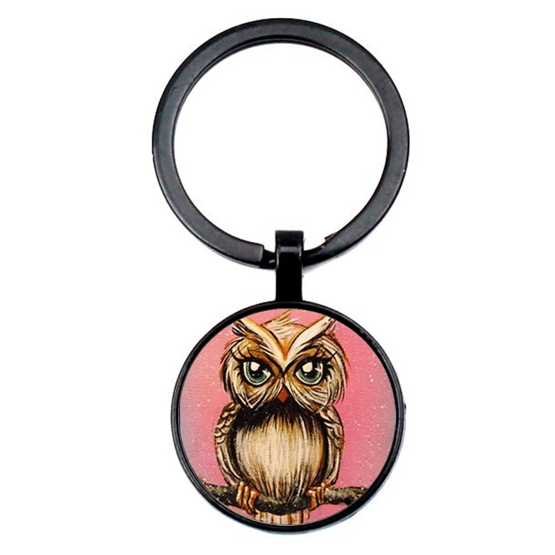 Fashion Cute Owl Art Pattern Keychain Concave Glass Pendant Key Ring Charm Men and Women Children Key Chain Gift Party Souvenir