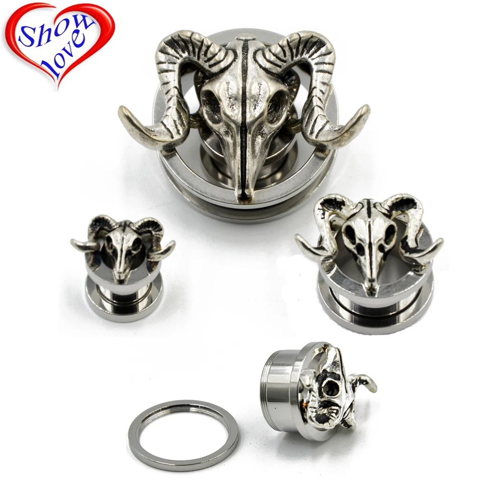 Showlove-2PC Stainless Steel Antique Tribal steel Sheepshead Screw Ear Plug Tunnel Ear Expander Body Piercing Jewelry