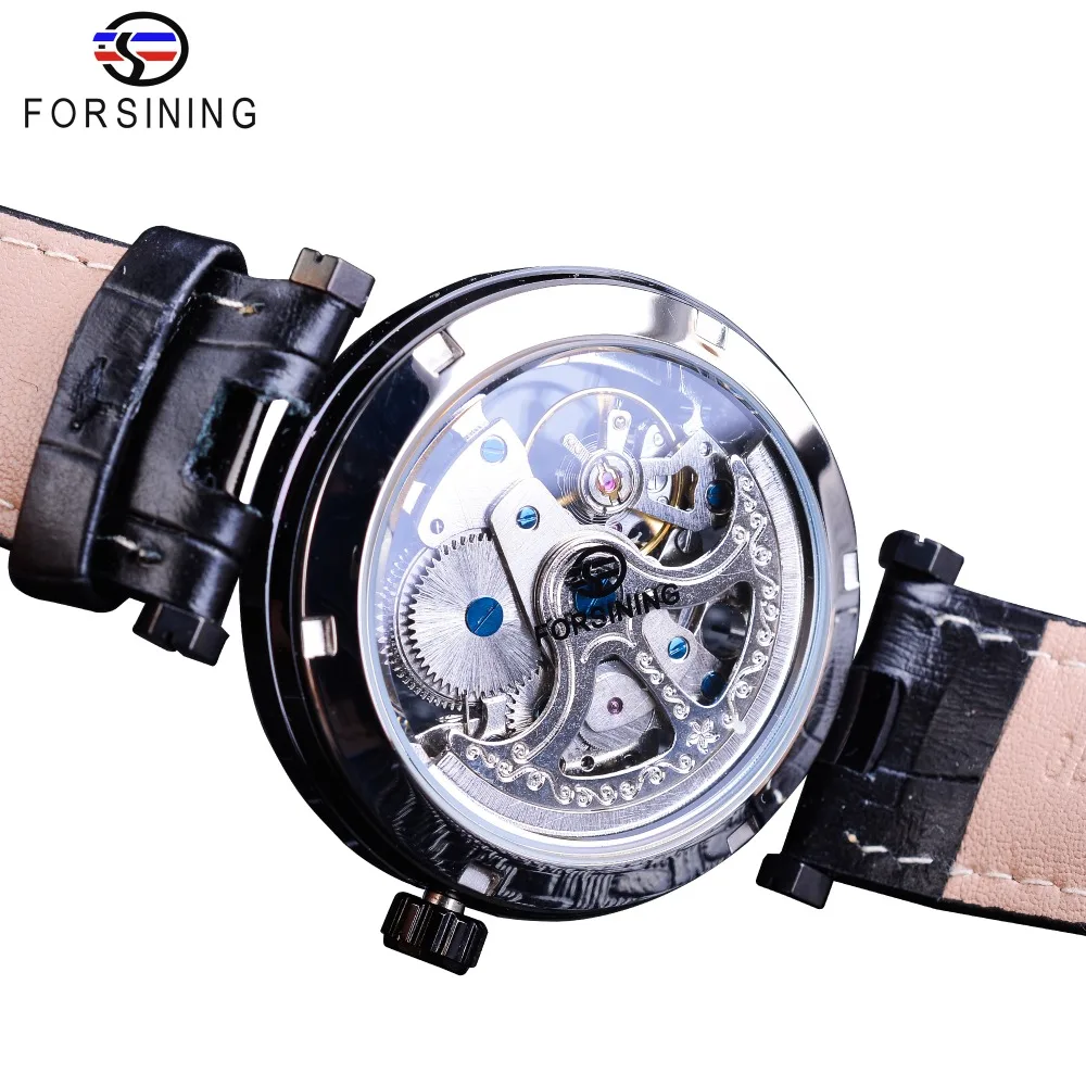 Forsining Fashion Silver Movement Skeleton Watches Blue Luminous Hands Leather Men\'s Mechanical Wristwatch Waterproof Male Clock