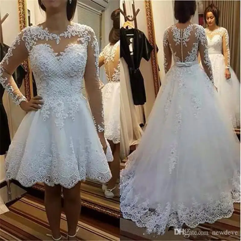 Sheer แขนยาว2019ชุดแต่งงานกระโปรงที่ถอดออกได้ Vestido De Noiva Illusion Lace Appliques ชุดเจ้าสาว