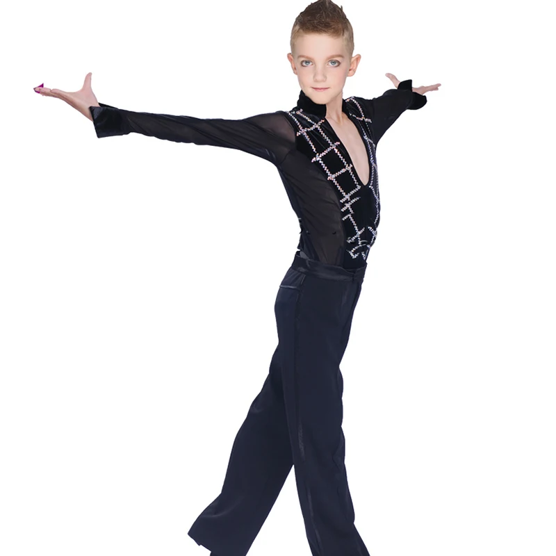 Original Latin Dance Tops for Children Black Blue White Fitness Shirt Boy Sexy Male Ballroom Professional Chacha Clothes N7005