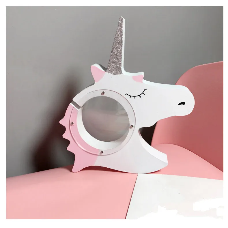1PC New Unicorn Money Boxes Transparent Wooden Piggy Bank coin box Kids Gift Children \'s Room Decoration MA 001