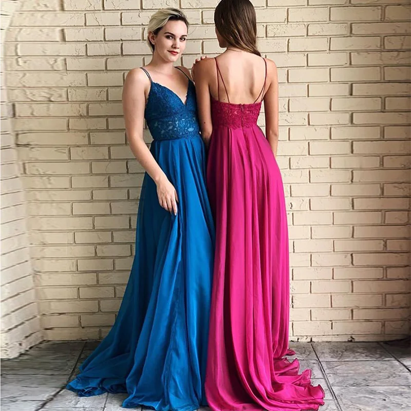 Cinghie di Spaghetti Blu Rosa Abiti da ballo Chiffon Lungo Appliques Formale Abiti Del Partito 2019 Abiti Da Ballo Vestido De Formatura Vendita Calda