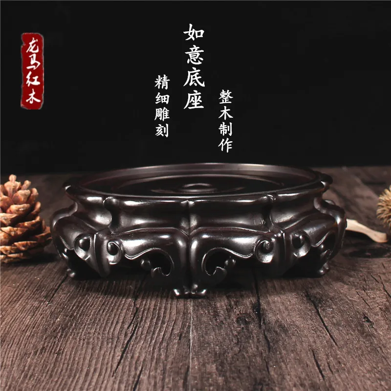 Red Wood Carving Vase Base, Handicraft Incense Burner, Solid Wooden Circular, Jade Stone Base, Ceramic Furnishing Article