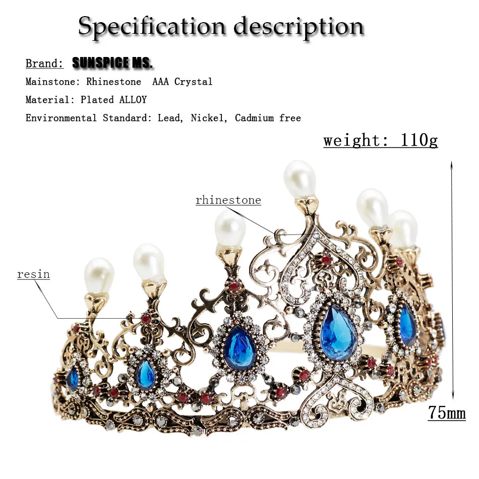 Sunspicems Vintage Turkish Crystal Pearl Tiara Bridal Crown Boehmia Wedding Hair Accessories Party Jewelry Big Headbands