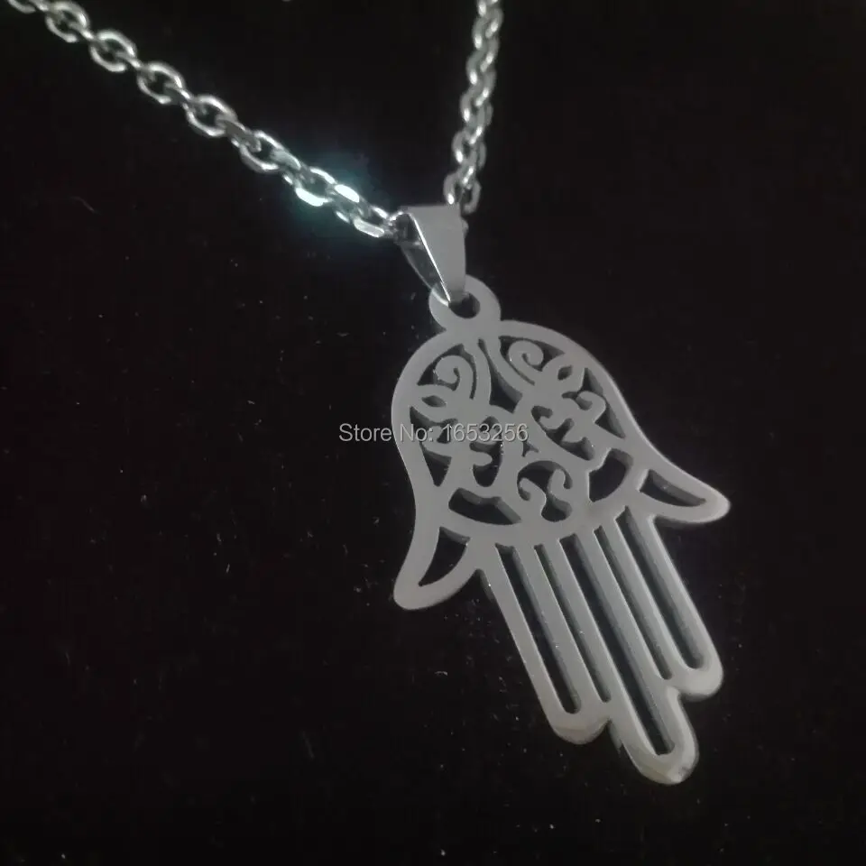 Women Men Stainless Steel Open Hamsa Hand Pendant Necklace + 3mm 22''  Chain Good Luck Jewelry