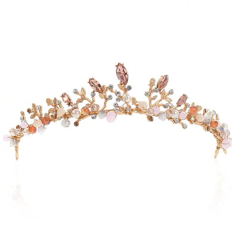 Women\'s Elegant Crowns Pink Crystal Rhinestone Floral Tiaras Metal Wedding Hair Jewelry Vintage Headpiece Bride Hairband