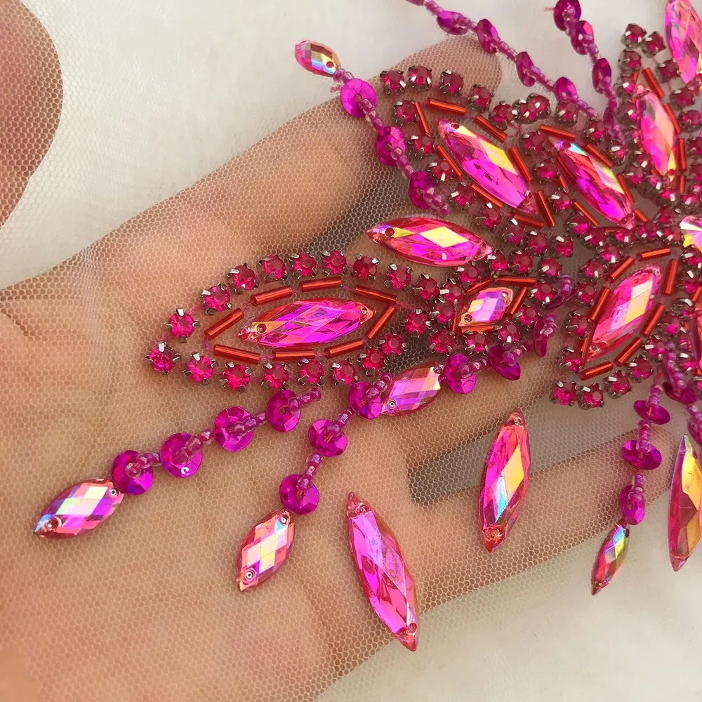 GODDESS Gift Pink 16x28cm Sew-on Rhinestones Crystal Sequin AB Beaded Appliques Patches for Wedding Dress accessories Decoration