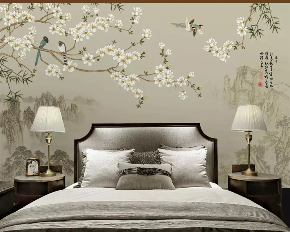 

beibehang Custom fashion decorative painting papel de parede 3d wallpaper new Chinese simple magnolia bird bamboo TV background