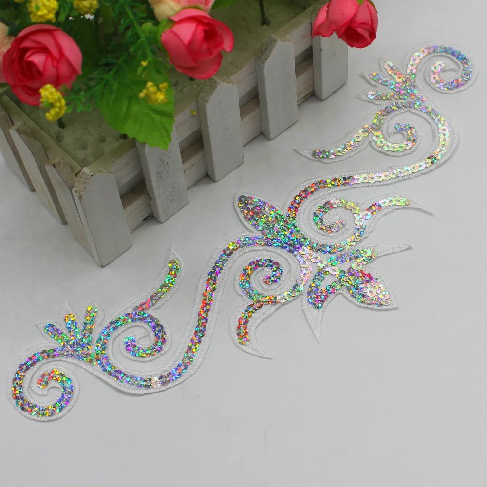 1 Piece Sequined Flower Appliques Iron On Gold Embroidery Patches Cosplay Trims Hair Accessory 30*10cm