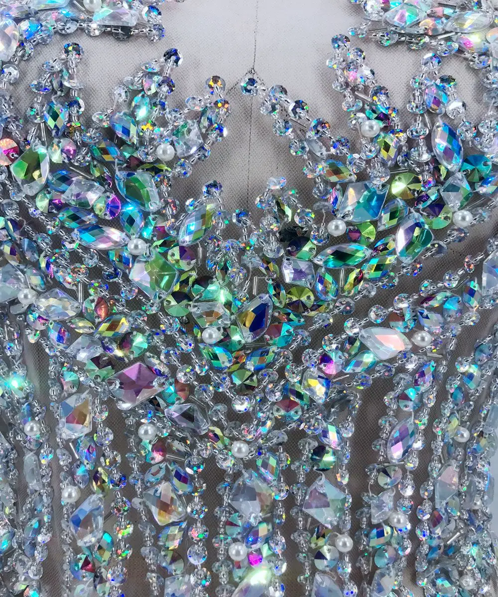 handmade sew on clear AB colour rhinestones applique on mesh sequins beads trim patches 65*34cm for dress DIY accessories