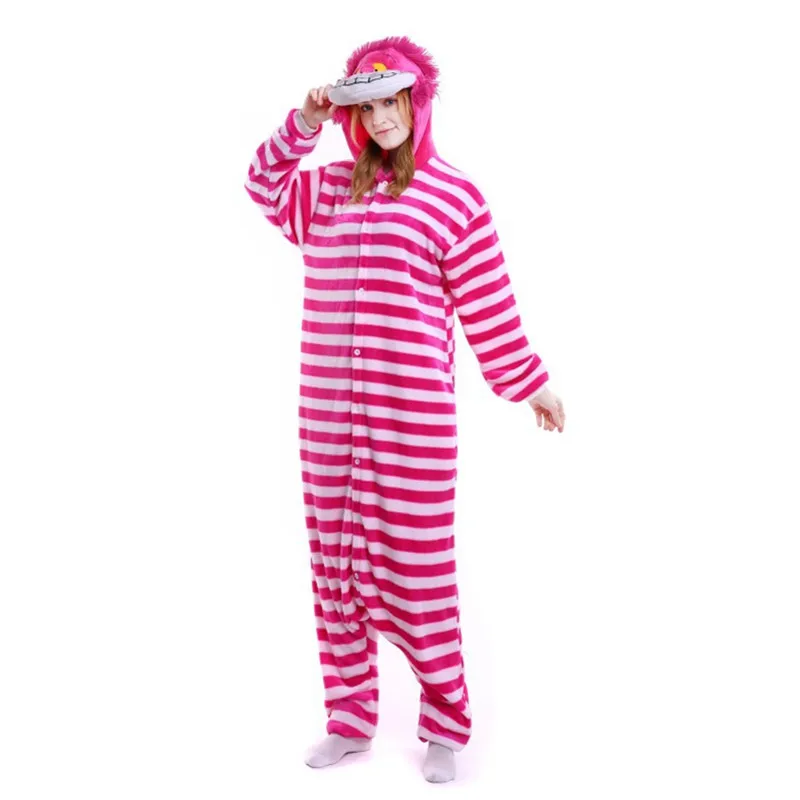 Women Flannel Kigurumi Cheshire Cat Animal Onesies Pajamas Halloween Carnival Masquerade Party Cosplay Costume