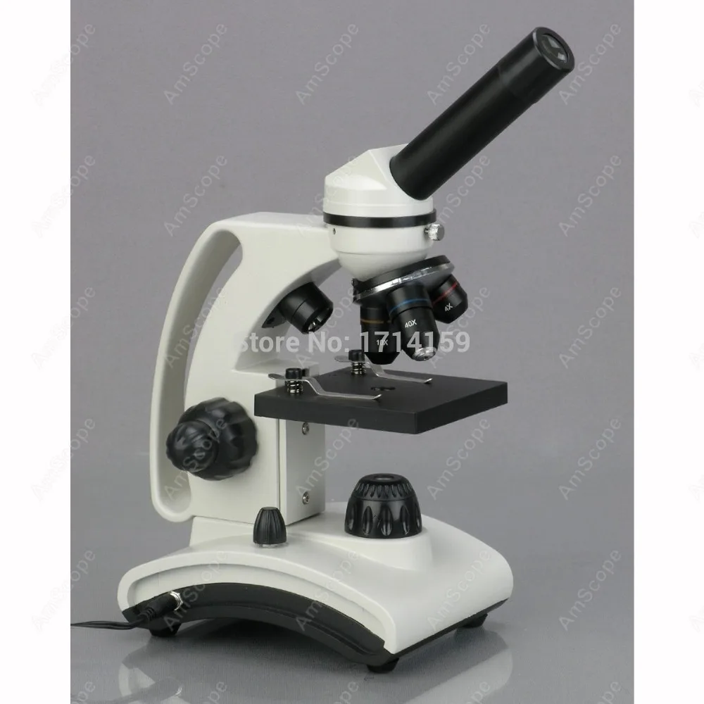 AmScope 40X-1000X Top Bottom Lights Glass Lens Metal Frame Student Microscope + Slides M160C-2L-PB10