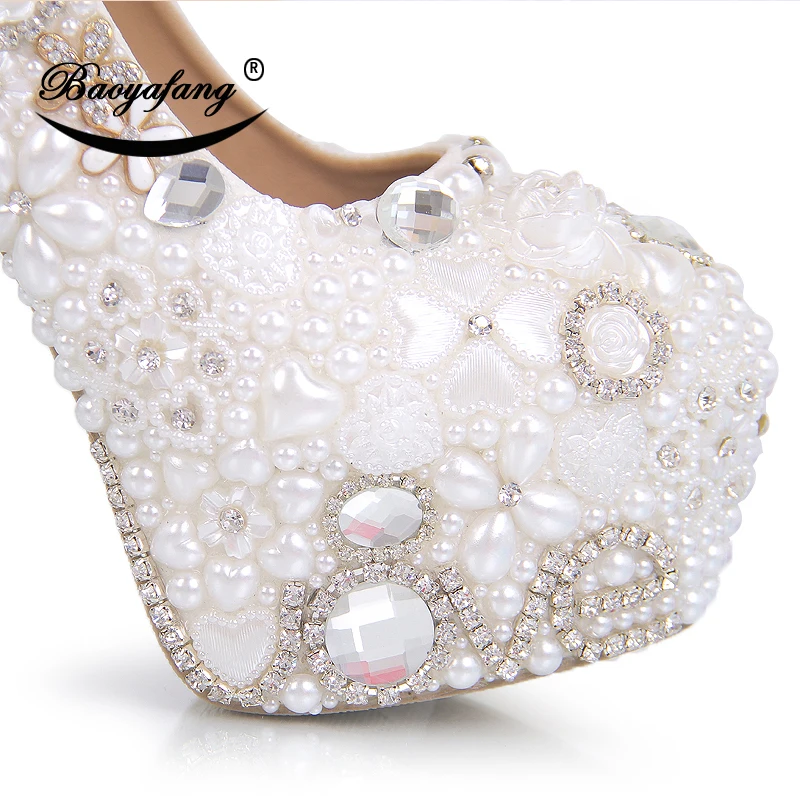 White pearl  Wedding shoes crystal Ankle strap High round Toe Pumps Platform shoes Thin Heel fashion Bridal shoes woman