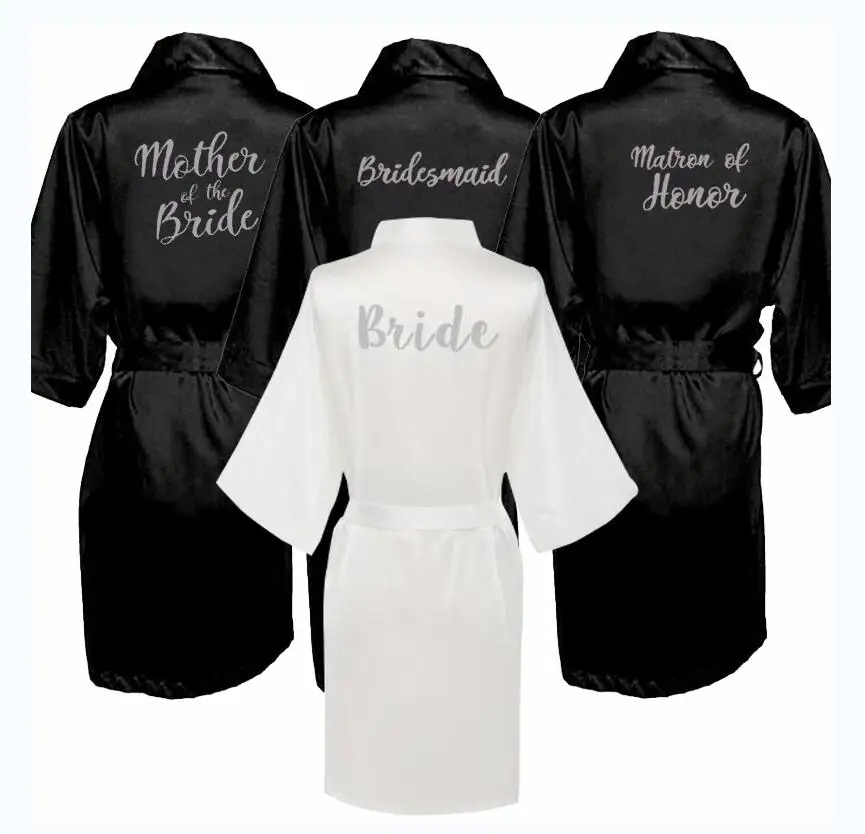 

black robe silver grey writing sister of the bride satin robe bridal party getting ready robes wedding bridesmaid gift