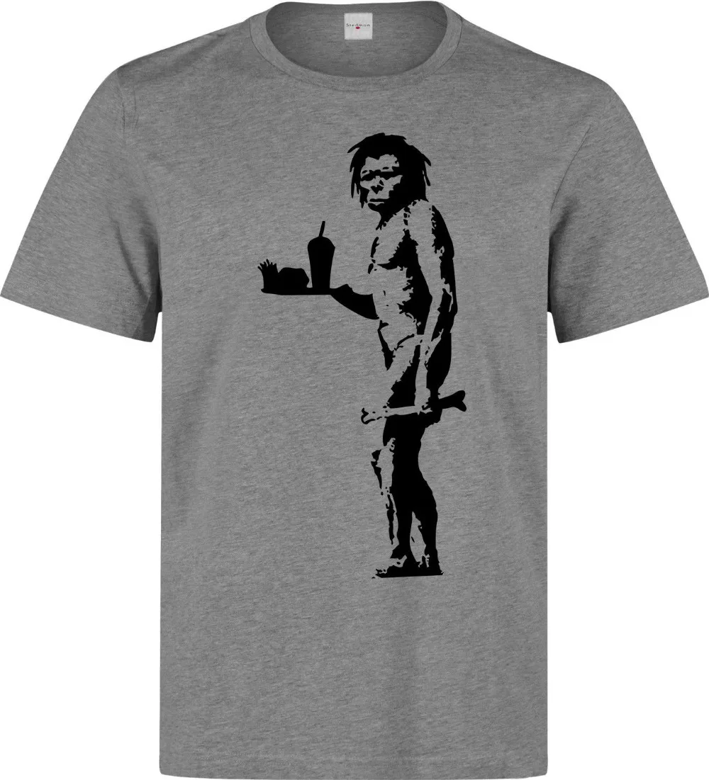 

Мужские футболки Бэнкси стрит-арт Caveman съедает фаст-фуд, новинка 2019, брендовые продажи, хлопковые футболки с коротким рукавом в стиле милитари