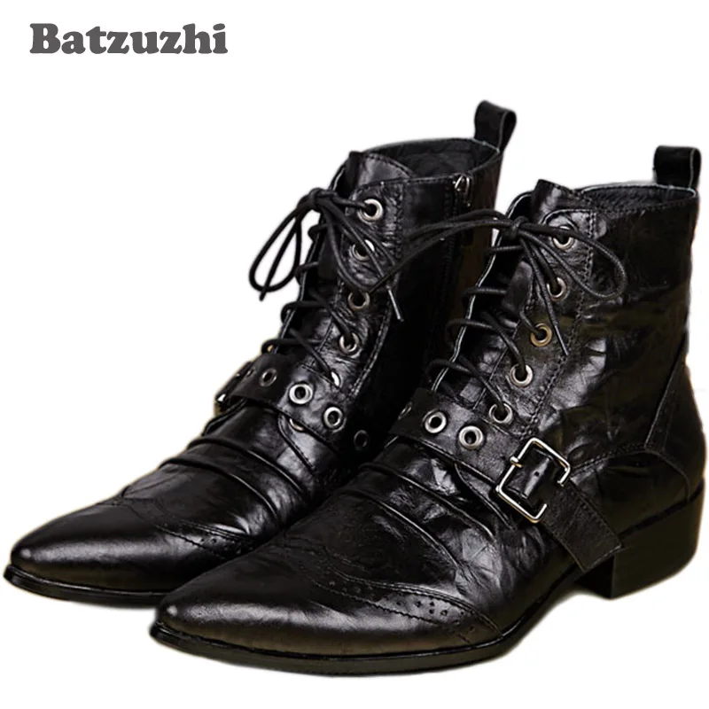 

Batzuzhi New Men's Leather Boots Designer Black Ankle Lacing Up Buckle Strap Pointed Toe Short Motorcycle Boots Men, EU38-46