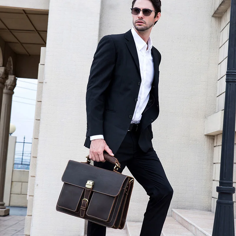 Men Big Briefcase Full Grain Cow Leather Business Bag Retro Crazy Horse Leather 16inch Laptop Work Tote Dark Brown Shoulder Bag