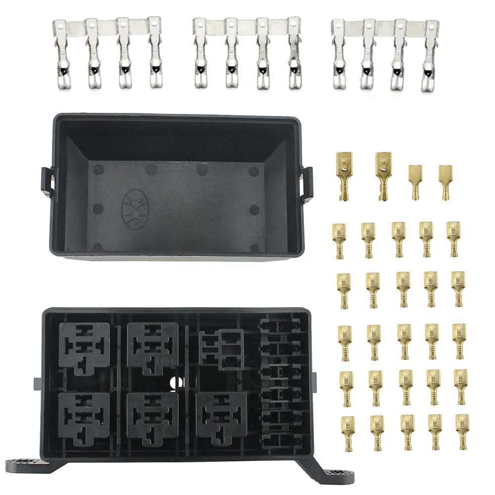 12-Slot Relay Box 6 Relays Standard Fuses Holder Block with 41pcs Metallic Pins Universal for Automotive and Marine Use