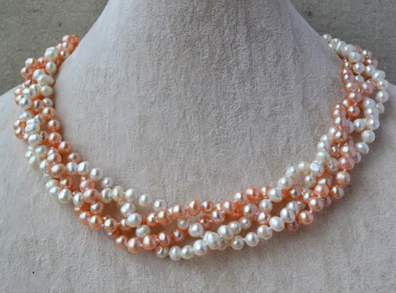 100% Real Pearl Necklace,18 Inches 4 Rows 6-7mm White And Pink Color Freshwater Pearl Necklace,Wedding Party Jewelry.