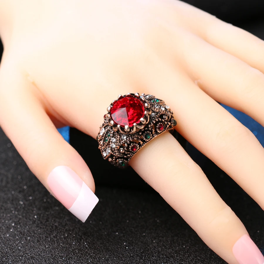 Kinel Red Satellite Stone Rings For Women Color Ancient Gold Vintage Jewelry Crystal Ring Love Gift