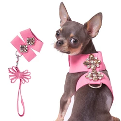 Big Rhinestone Floral  Dog Harness For Small Pet Puppies Animals With Leash Set Luxury Outdoor Walking Cat Kitten Collar Goods