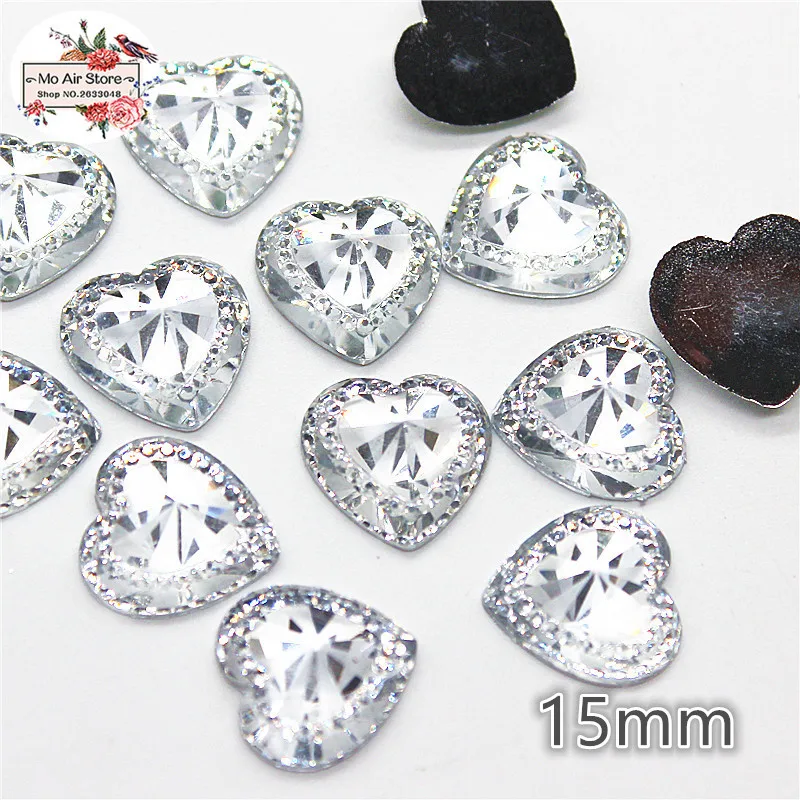 50 pz lucido trasparente cuore acrilico posteriore piatto Cabochon fornitura d'arte decorazione fascino mestiere fai da te 15mm senza foro