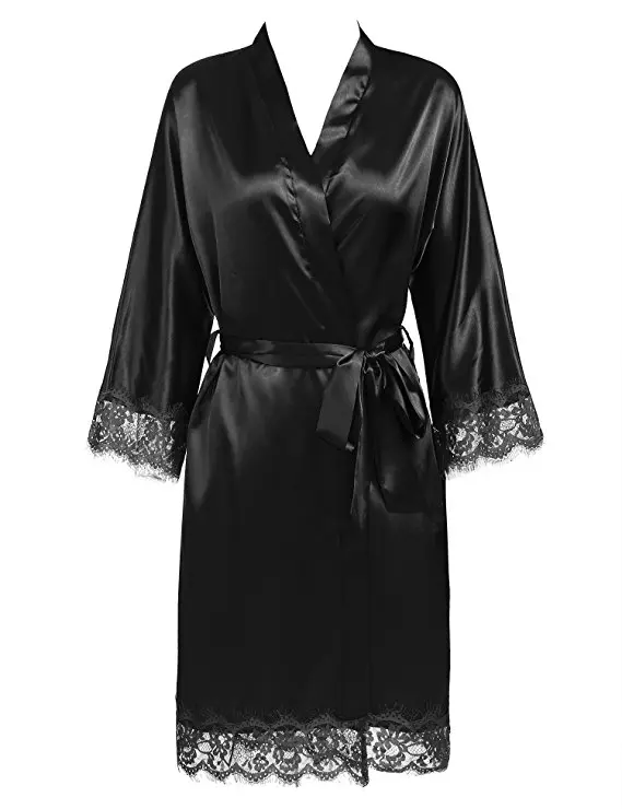 Sexy Ladies\' Lace Satin Robe Gown Solid Soft Nightgown Nightwear Kimono Bathrobe Sleepwear Wedding Bride Bridesmaid Robes