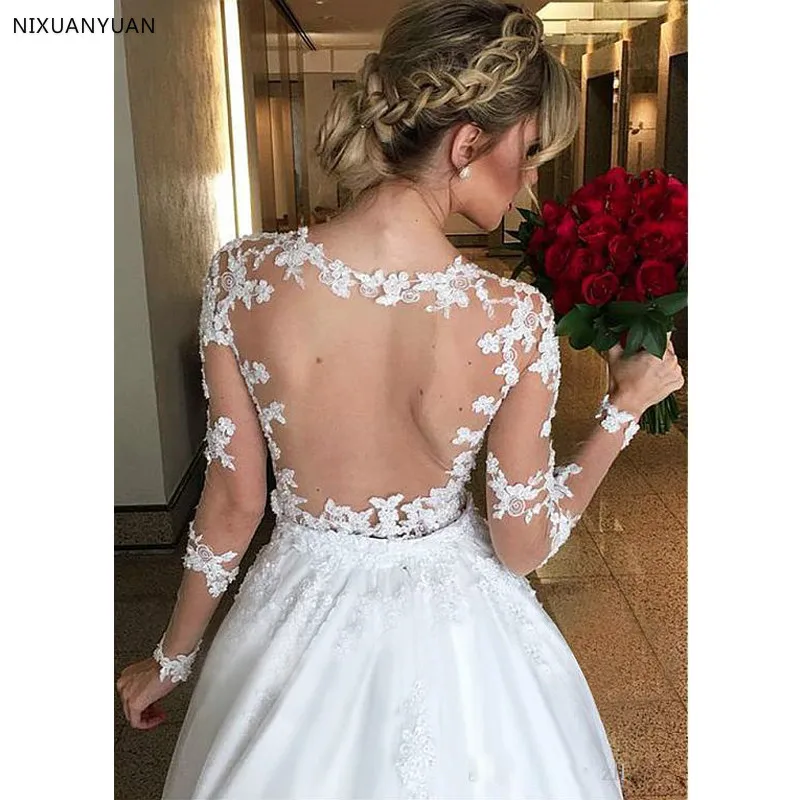 فستان زفاف 2 في 1 شفاف من الخلف فستان الزفاف 2023 أنيق طويل الأكمام الدانتيل زين Vestido De Noiva