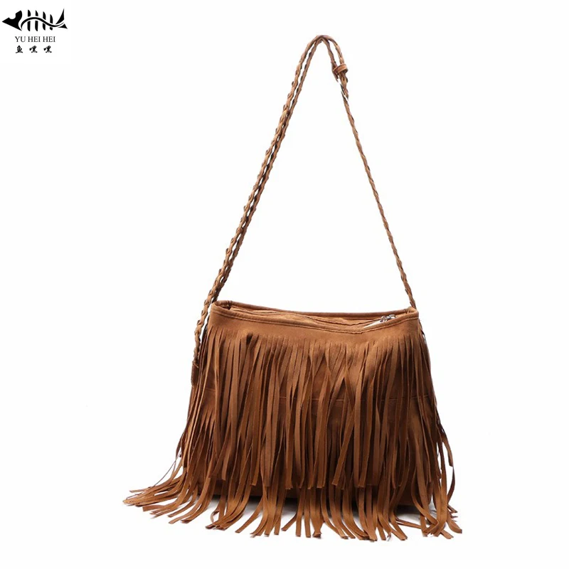 Vintage Frosted PU Leather Fringe Tassel Bags Women Handbag Messenger Crossbody Shoulder Bag Woman Lady Bohemian Hippie Hobo Bag